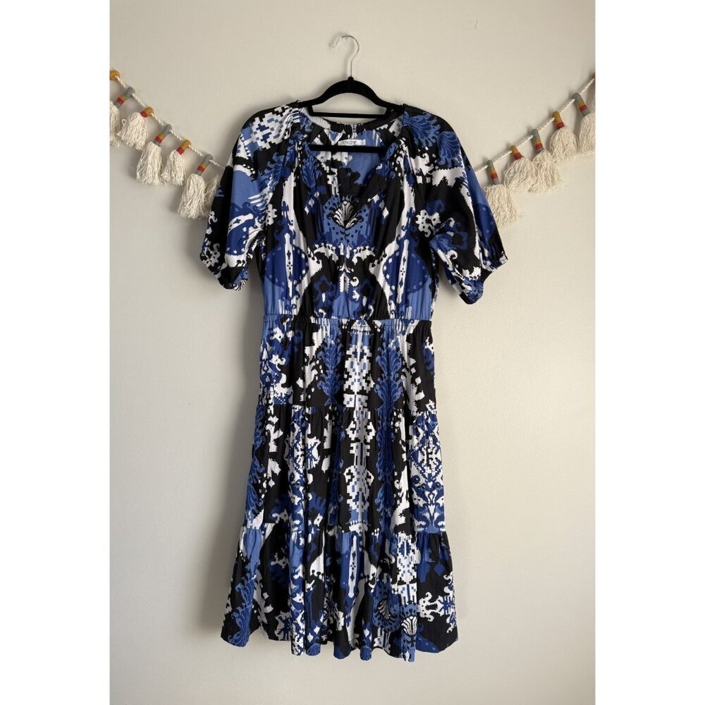Chico's Ikat Puff Sleeve Abstract V-neck Tiered Midi Dress Beachy Feminine 8